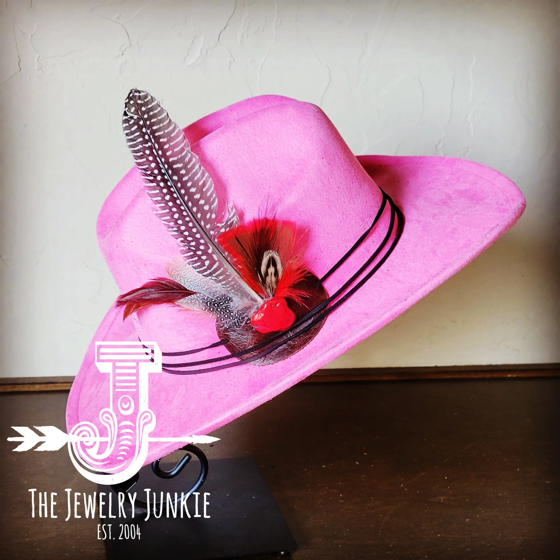 **Cowgirl Western Hat & Peacock Feather Hat Accent-Pink 983c