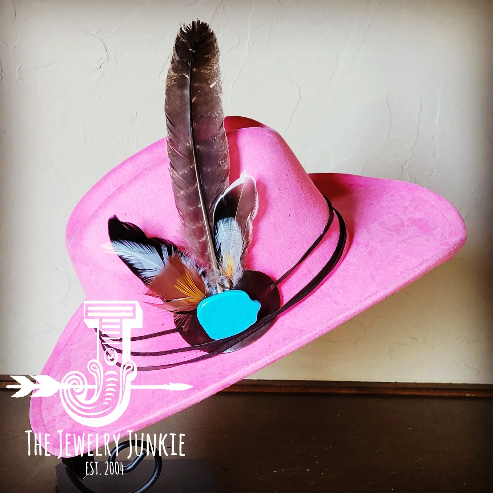 **Cowgirl Western Hat & Peacock Feather Hat Accent-Pink 983c