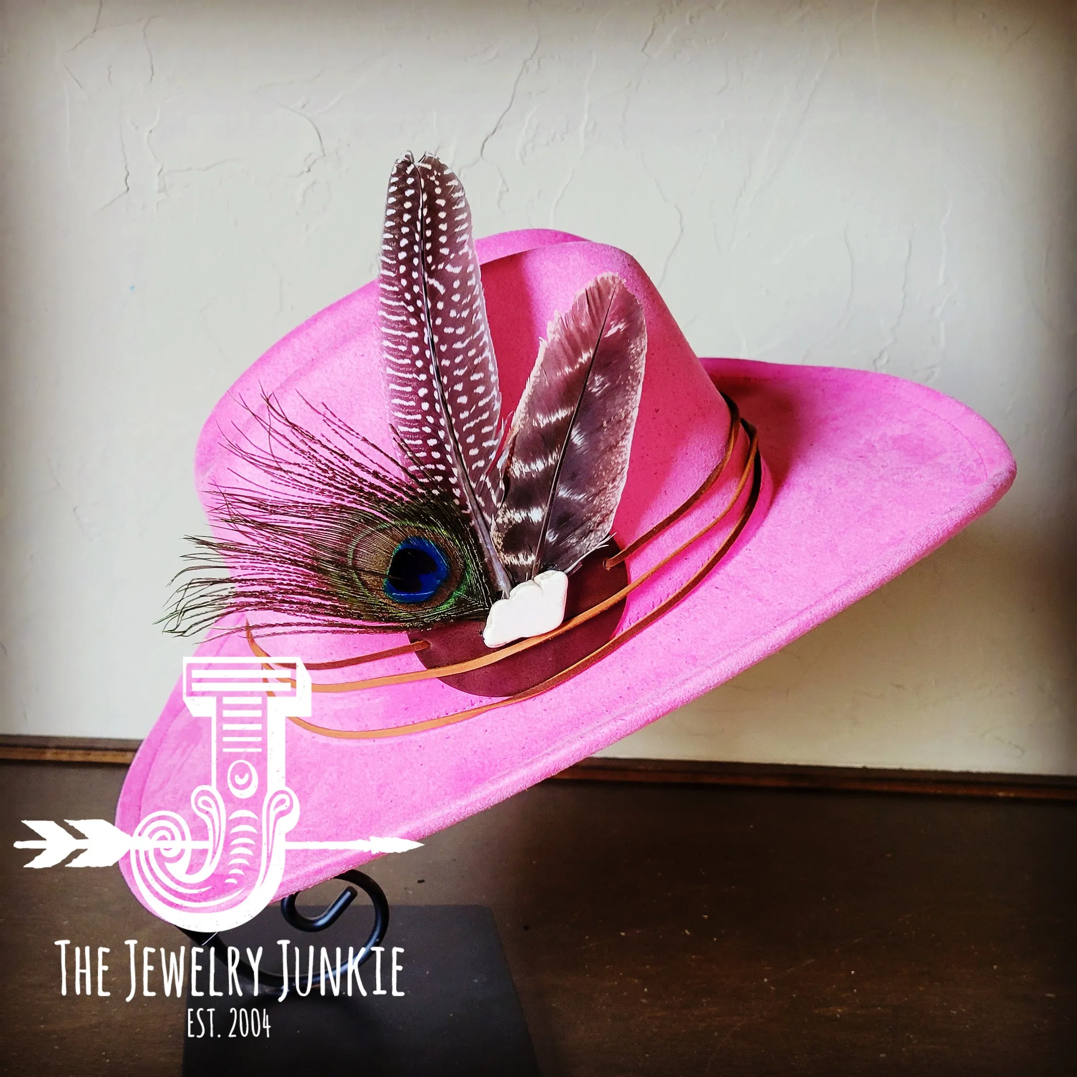 **Cowgirl Western Hat & Peacock Feather Hat Accent-Pink 983c