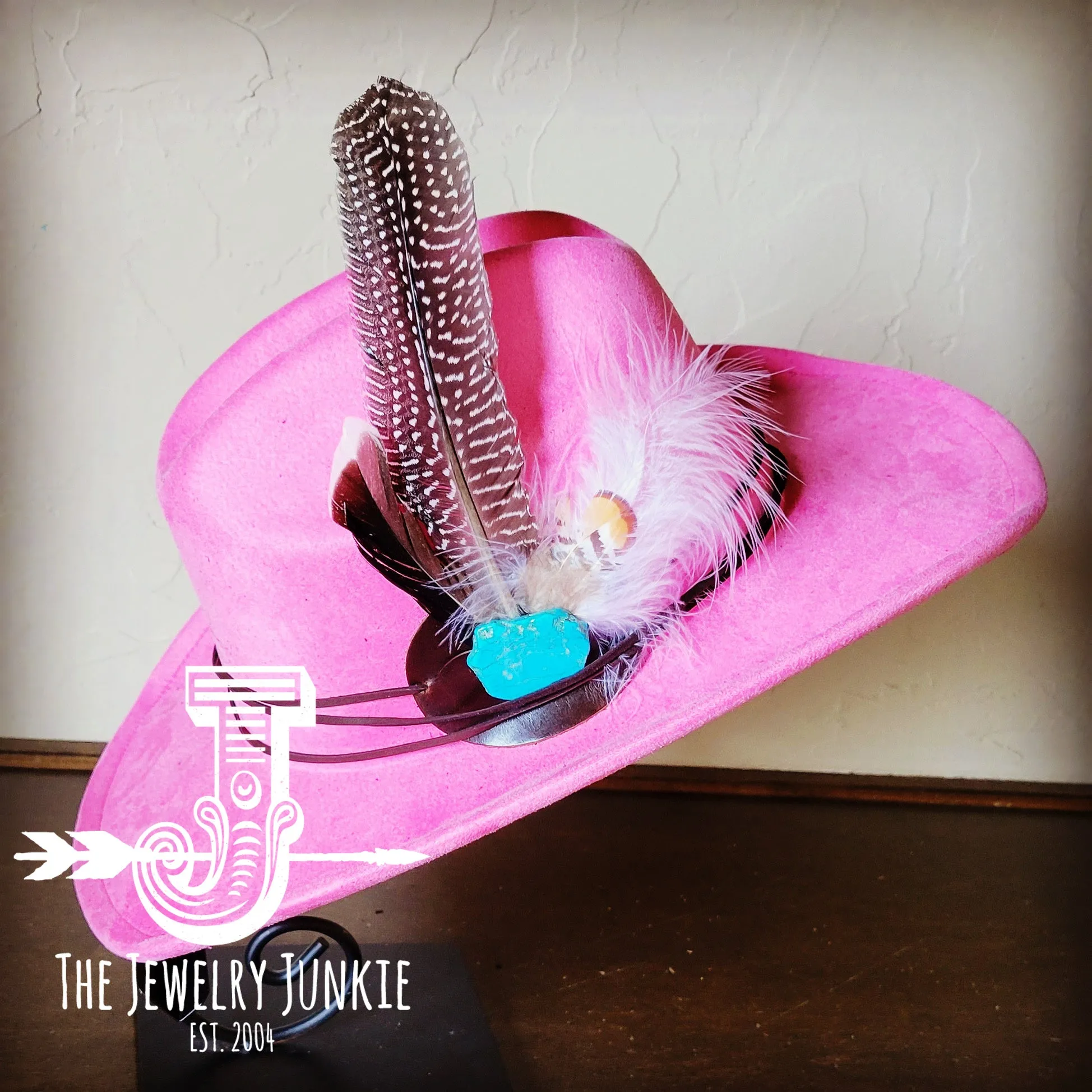 **Cowgirl Western Hat & Peacock Feather Hat Accent-Pink 983c