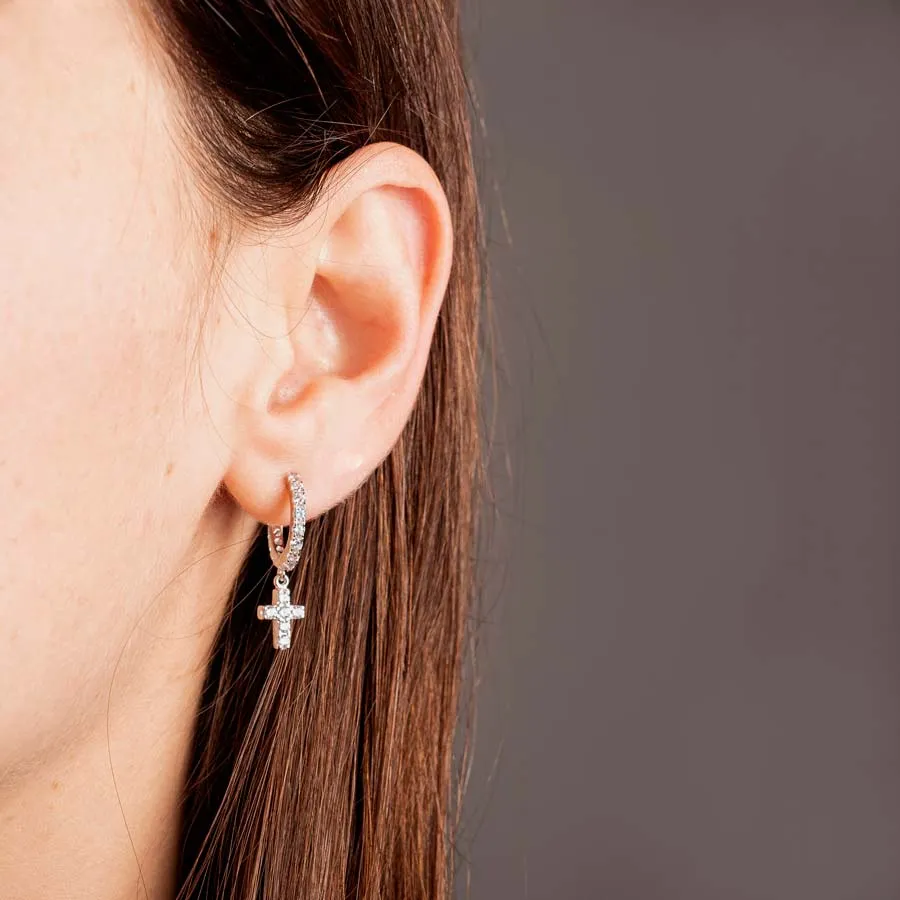 CROSS HOOP EARRINGS - SILVER - ZIRCONIA