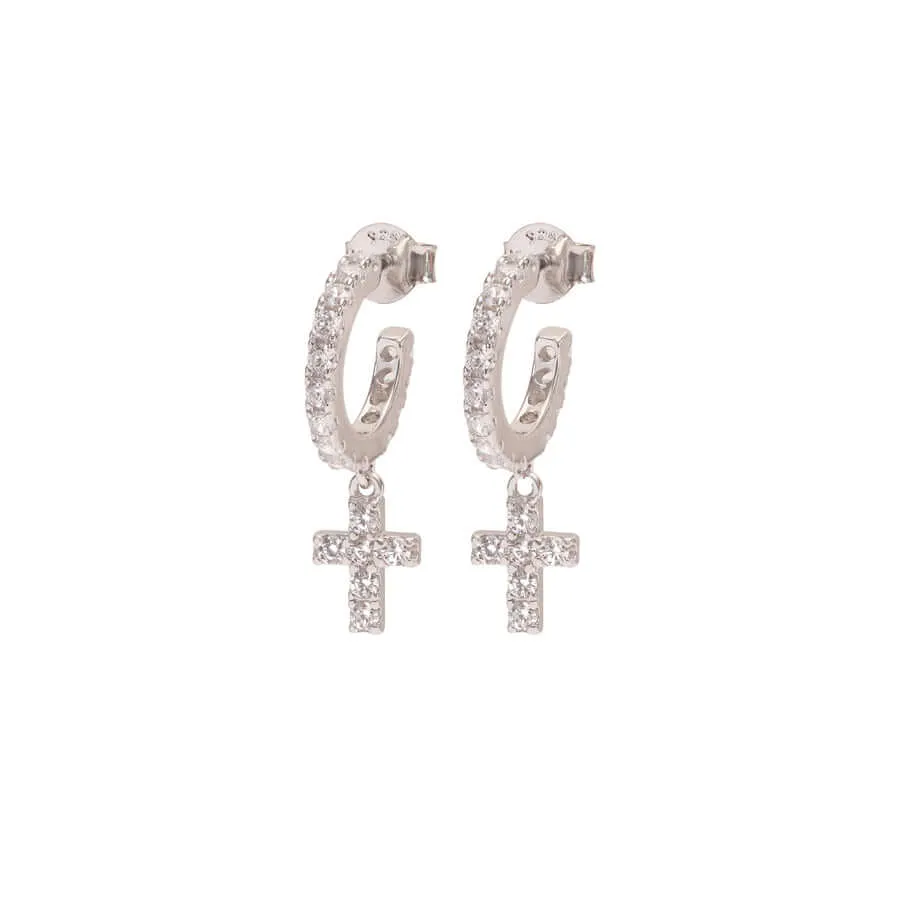 CROSS HOOP EARRINGS - SILVER - ZIRCONIA