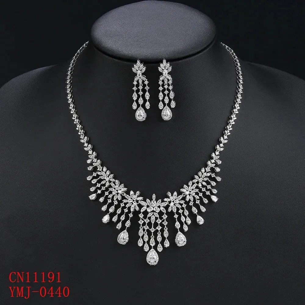 Cubic Zirconia Droplet Flower Tassel Necklace Earrig 2pcs Set  Wedding Bridal Jewelry Sets For Women Party Accessorie CN11191