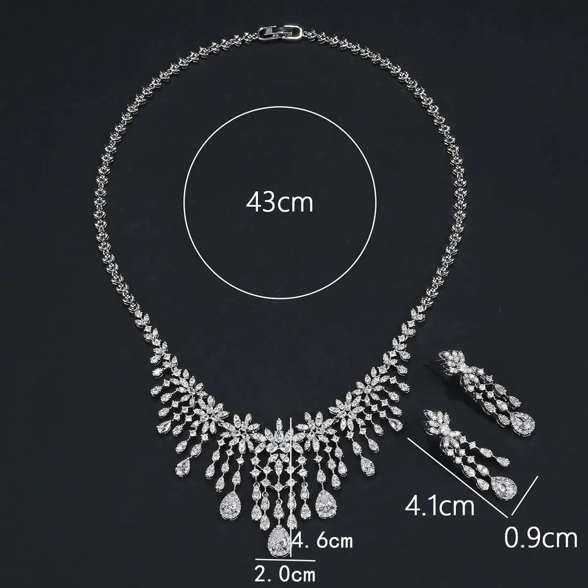 Cubic Zirconia Droplet Flower Tassel Necklace Earrig 2pcs Set  Wedding Bridal Jewelry Sets For Women Party Accessorie CN11191