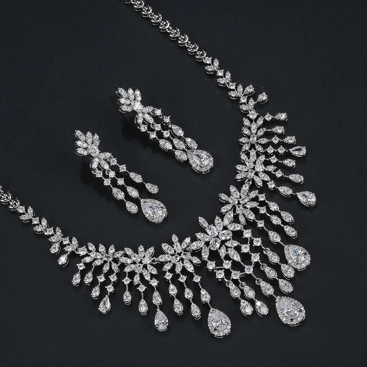 Cubic Zirconia Droplet Flower Tassel Necklace Earrig 2pcs Set  Wedding Bridal Jewelry Sets For Women Party Accessorie CN11191