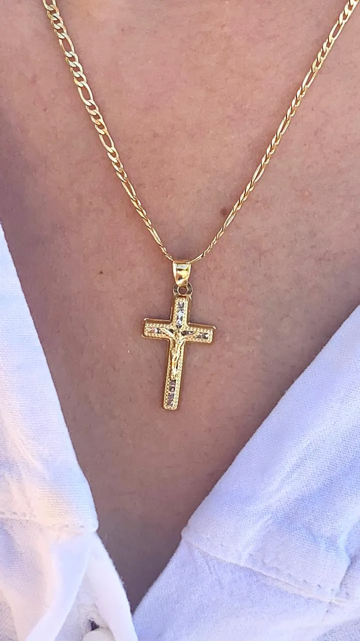 CZ Cross Charm Necklace Figaro Chain 14K Gold Filled Catholics Gifts Crucifix