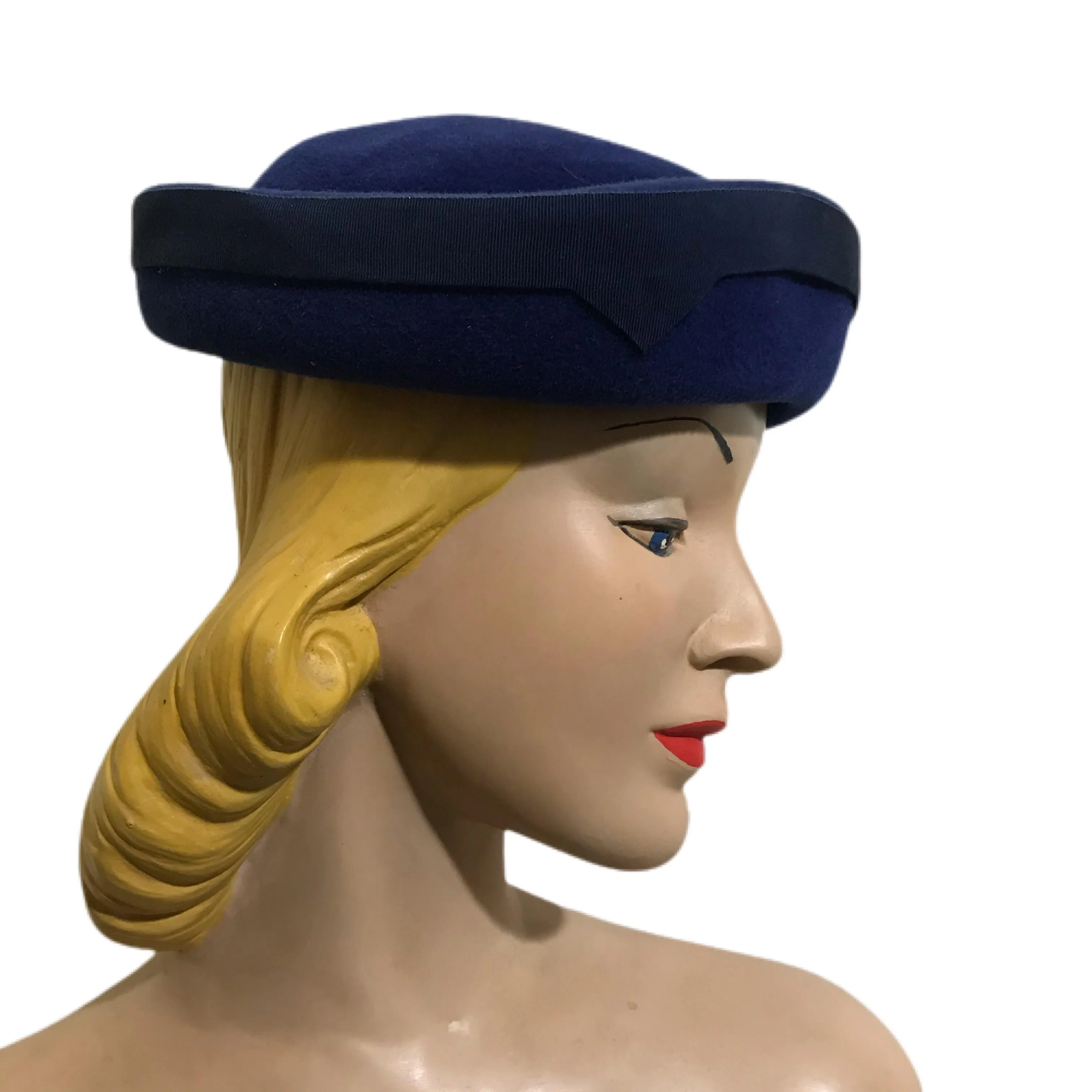 Deep Blue Pill Box Hat with Ribbon Trim circa 1960s