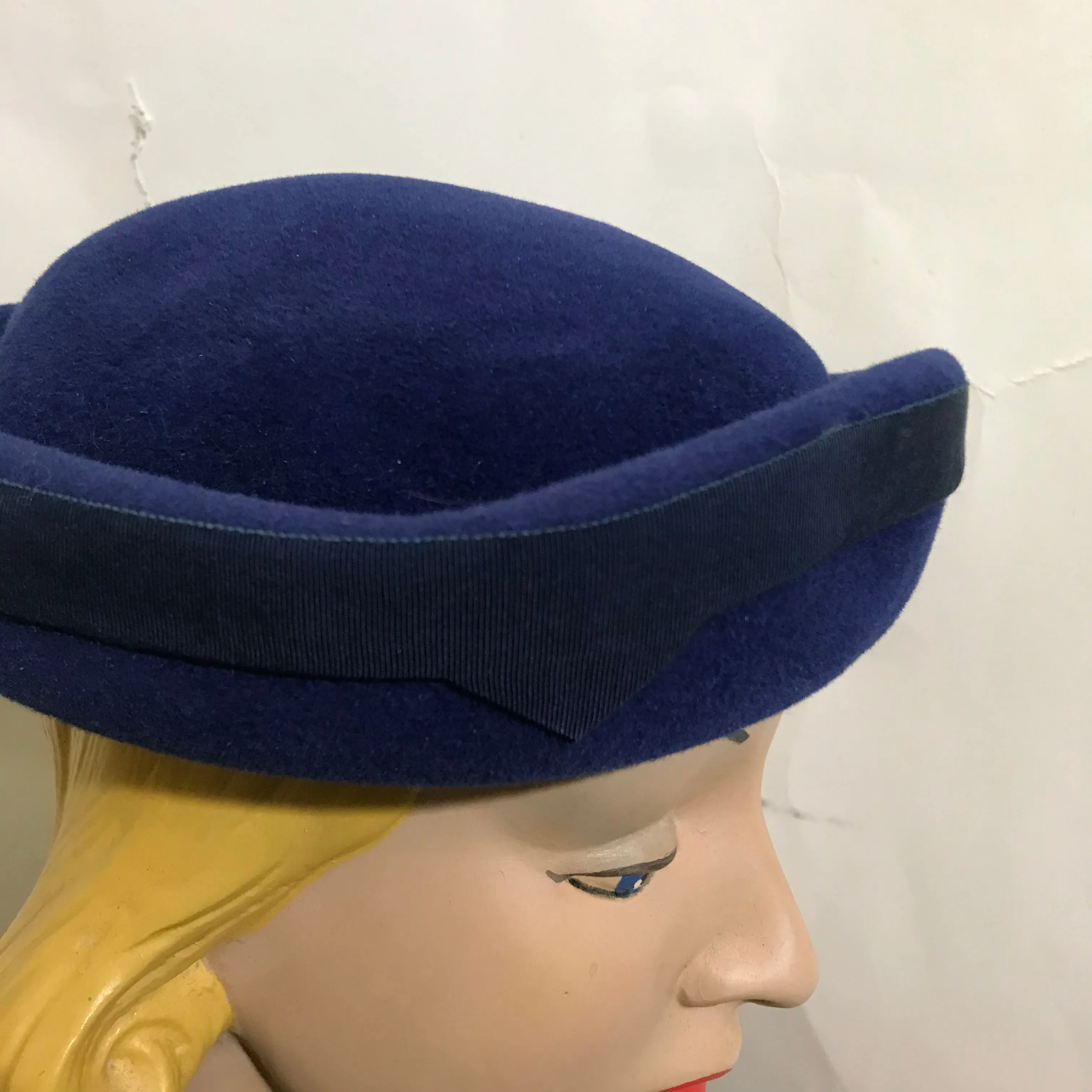 Deep Blue Pill Box Hat with Ribbon Trim circa 1960s