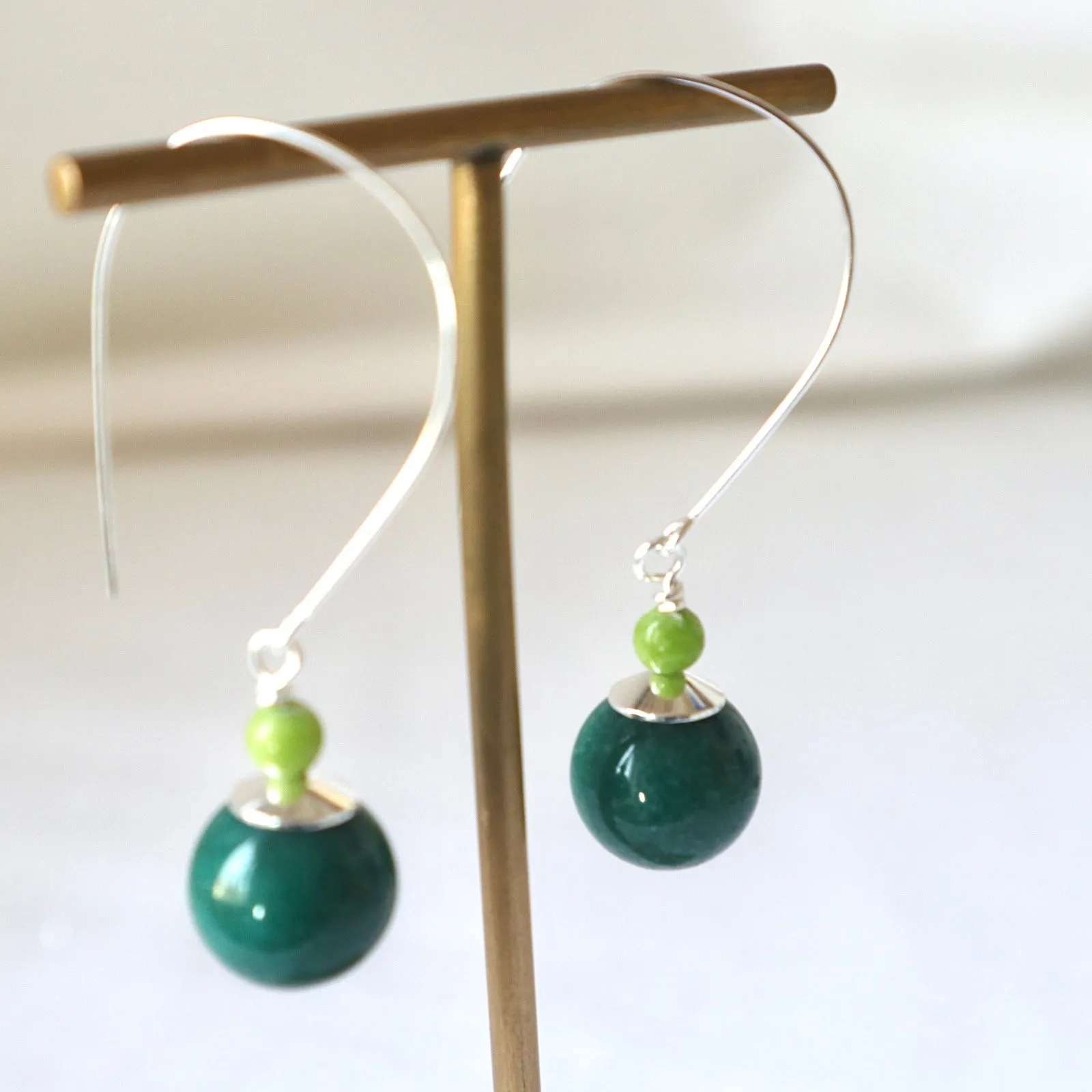 Deep Green Duo Gemstone Silver Earrings