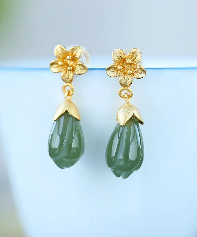 DIY Green Sterling Silver Jade Orchid Drop Earrings LY7826