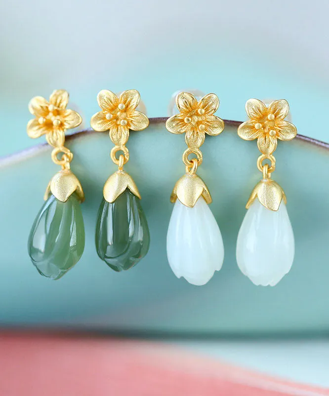 DIY Green Sterling Silver Jade Orchid Drop Earrings TW1026