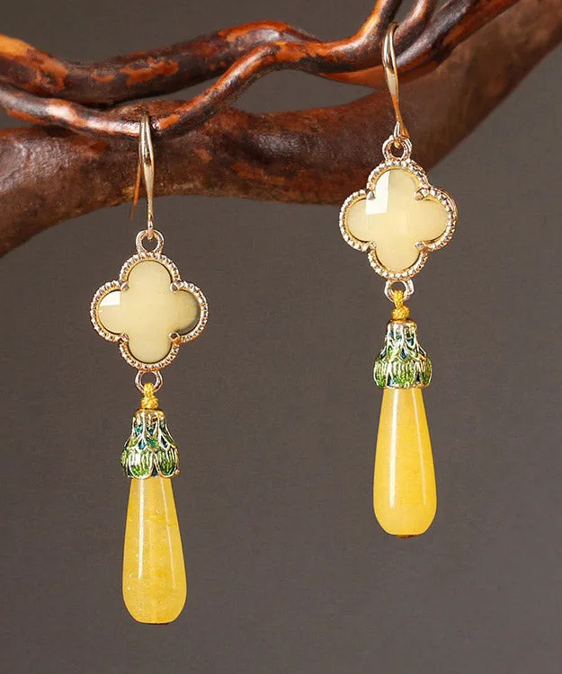 DIY Yellow Copper Jade Coloured Glaze Cloisonne Clover Drop Earrings LY2010