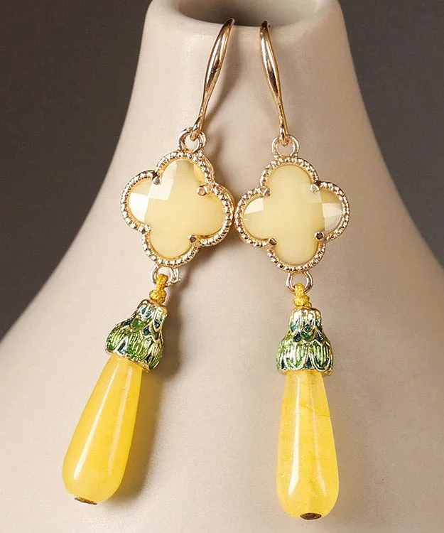 DIY Yellow Copper Jade Coloured Glaze Cloisonne Clover Drop Earrings LY2010