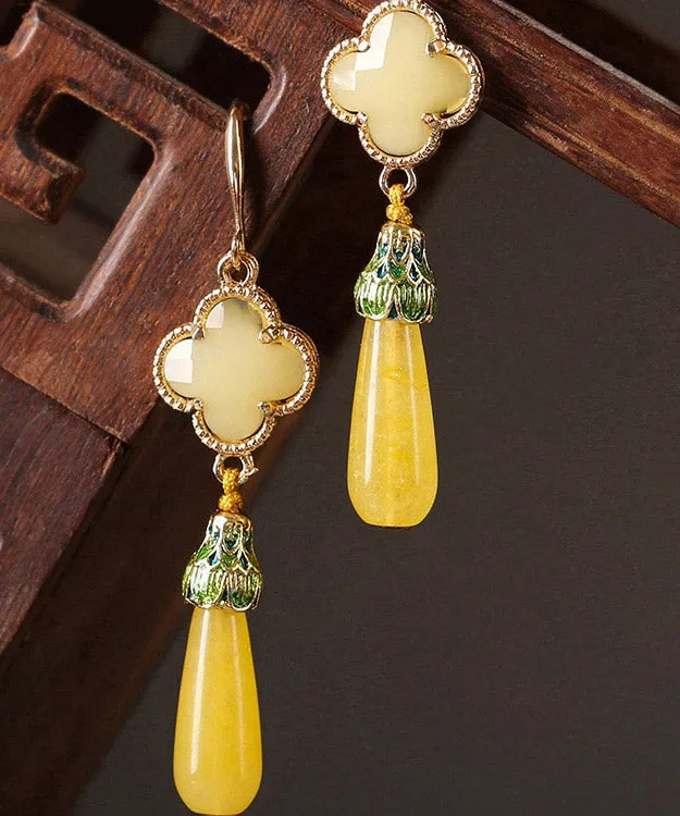 DIY Yellow Copper Jade Coloured Glaze Cloisonne Clover Drop Earrings LY2010