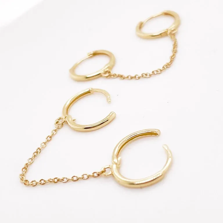 Double Huggie Hoop Earrings, 14K Yellow Gold Chain Huggie Earrings