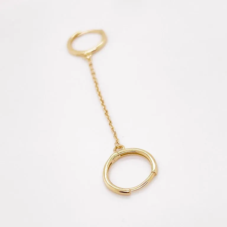 Double Huggie Hoop Earrings, 14K Yellow Gold Chain Huggie Earrings