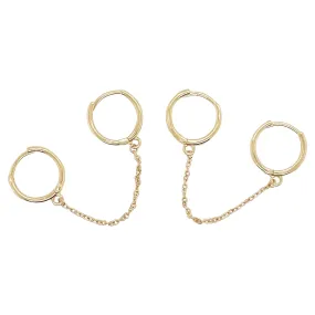 Double Huggie Hoop Earrings, 14K Yellow Gold Chain Huggie Earrings