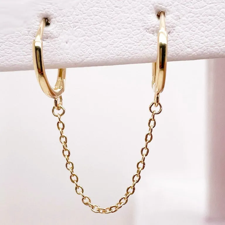 Double Huggie Hoop Earrings, 14K Yellow Gold Chain Huggie Earrings