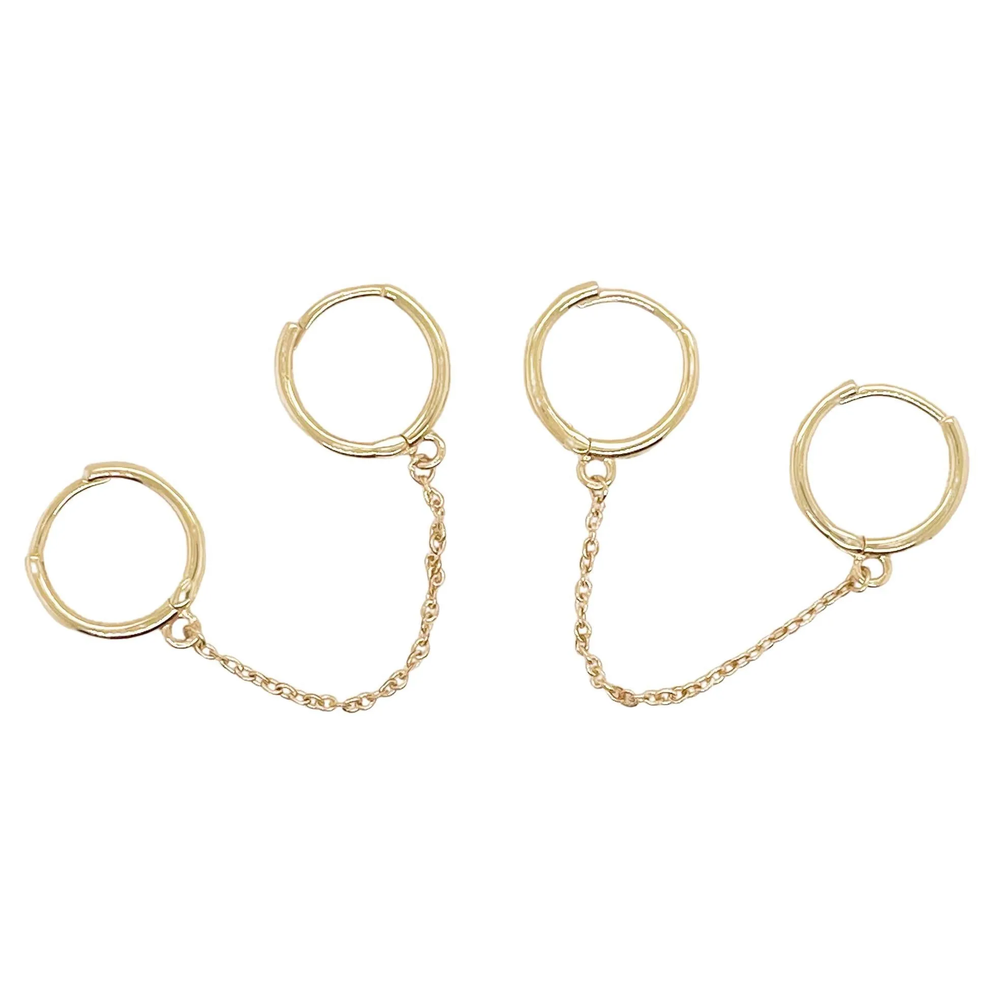 Double Huggie Hoop Earrings, 14K Yellow Gold Chain Huggie Earrings