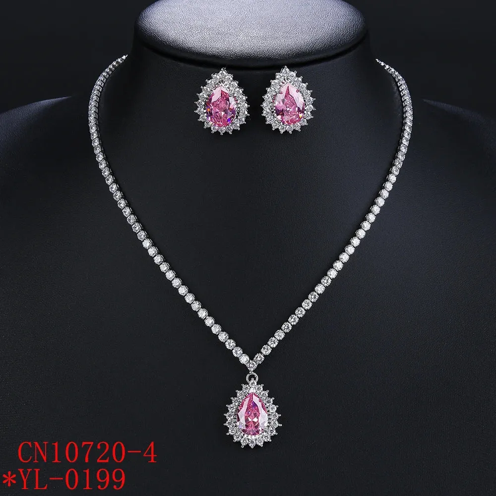 Elegant Big Light Green,Pink, White  Water Drop CZ Crystal Necklace Earrings Women Engagement Party Costume Jewelry Sets CN10720