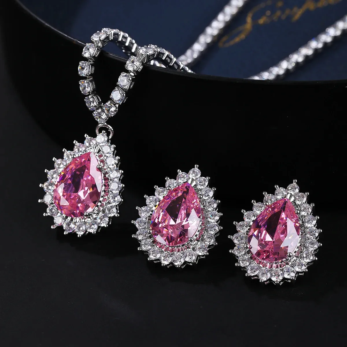 Elegant Big Light Green,Pink, White  Water Drop CZ Crystal Necklace Earrings Women Engagement Party Costume Jewelry Sets CN10720