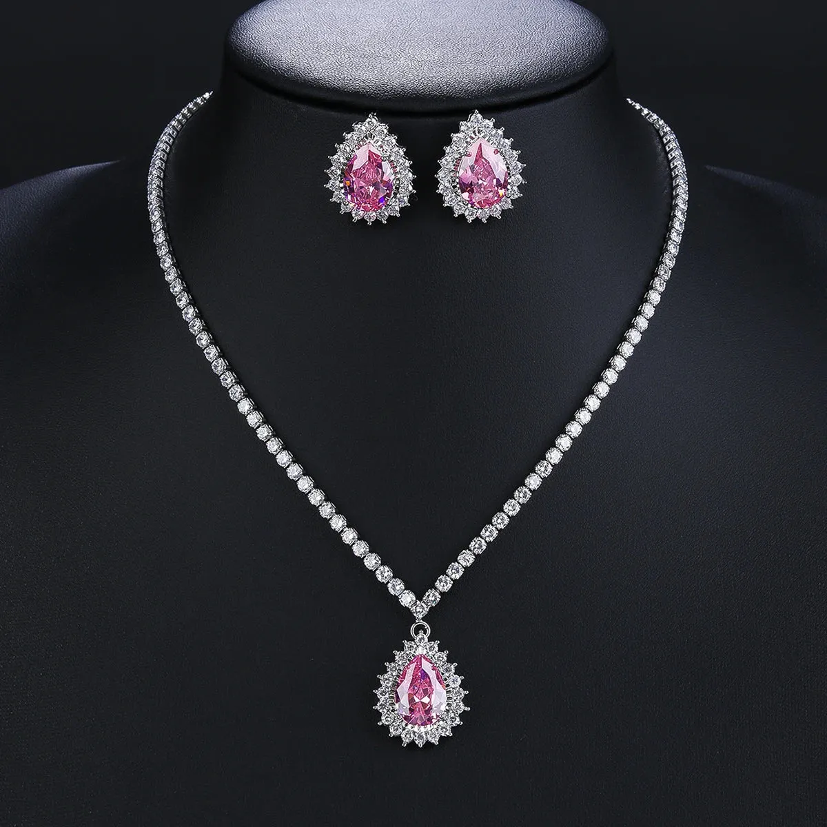 Elegant Big Light Green,Pink, White  Water Drop CZ Crystal Necklace Earrings Women Engagement Party Costume Jewelry Sets CN10720