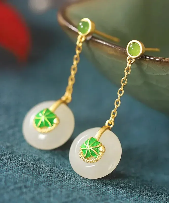 Elegant Green Sterling Silver Overgild Jade Lotus Drop Earrings LY8541