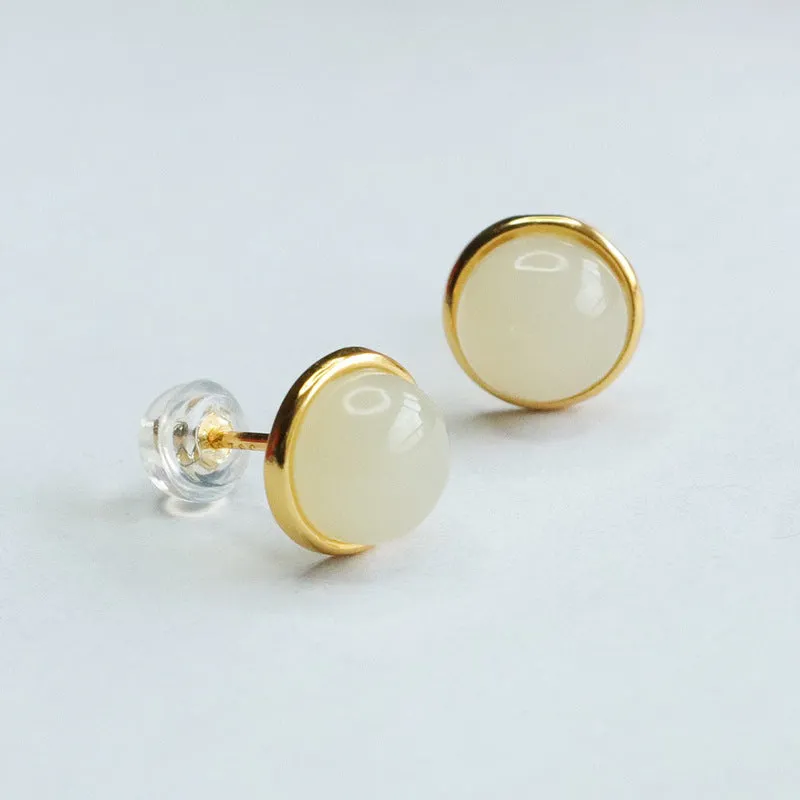 Elegant Round White Jade Earrings with S925 Sterling Silver Insets