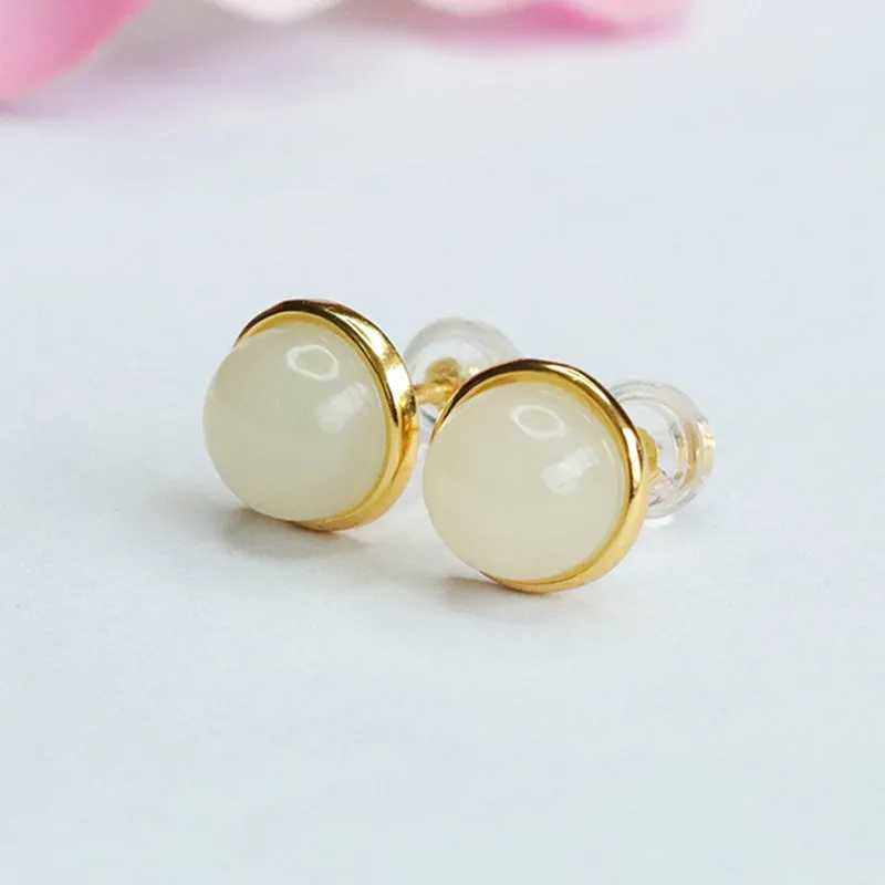 Elegant Round White Jade Earrings with S925 Sterling Silver Insets