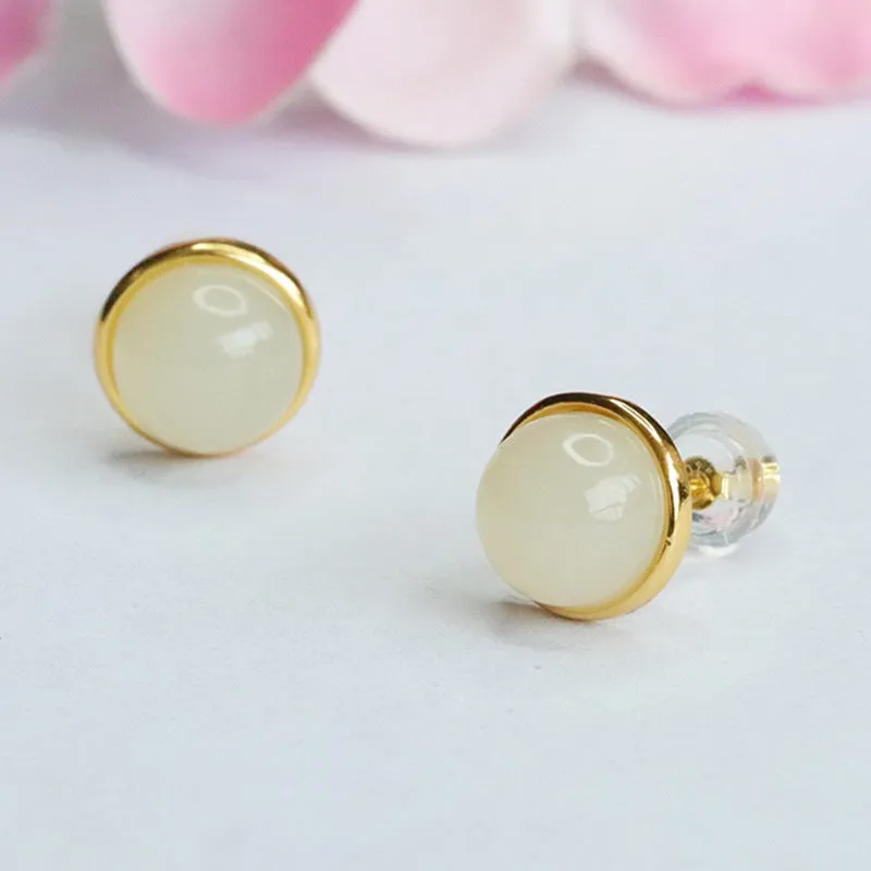 Elegant Round White Jade Earrings with S925 Sterling Silver Insets