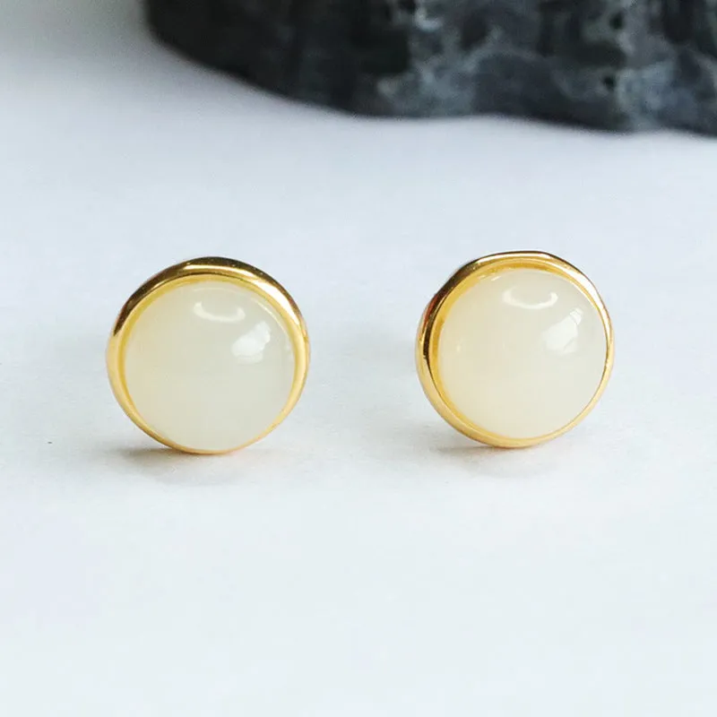 Elegant Round White Jade Earrings with S925 Sterling Silver Insets