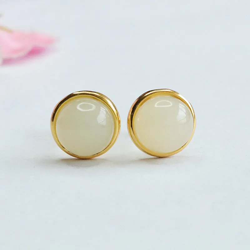 Elegant Round White Jade Earrings with S925 Sterling Silver Insets