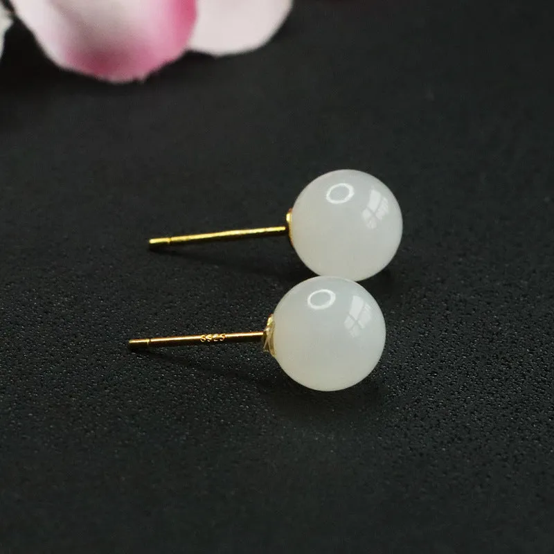 Elegant Sterling Silver Jade Earrings with White Beads Studs