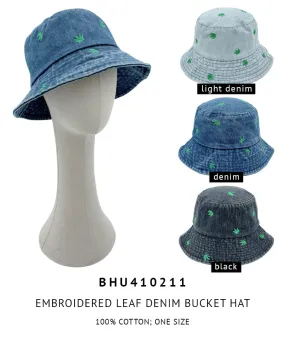 Embroidered Leaf Denim Bucket Hat