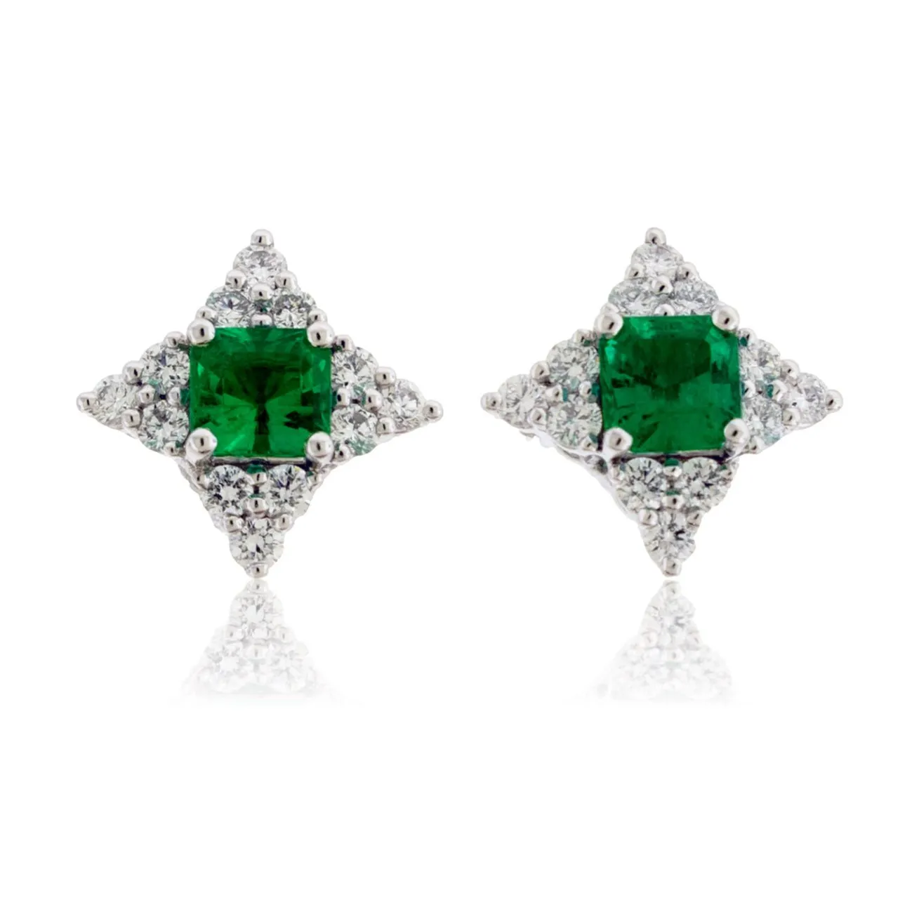 Emerald and Diamond Unique Style Halo Stud Earrings