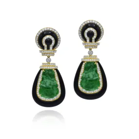 Estate 18KT Yellow Gold, Jade And Onyx Earrings