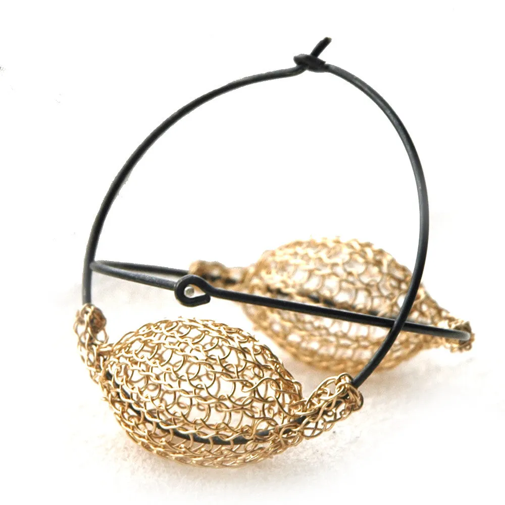 Extra Large Gold and Silver Hoops , Gold Pod Bead on Oxidized Hoop , Wire Crochet Jewelry