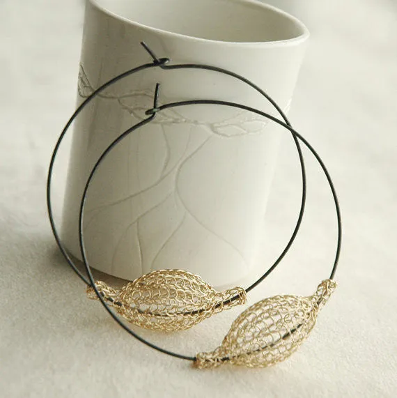 Extra Large Gold and Silver Hoops , Gold Pod Bead on Oxidized Hoop , Wire Crochet Jewelry