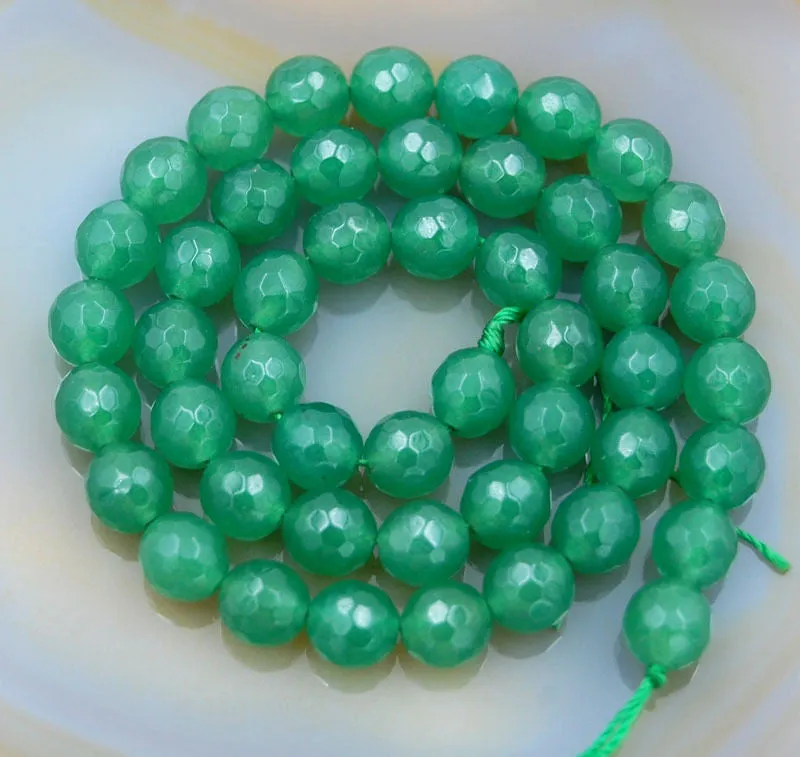 Faceted Natural Green Malay Jade Gemstone Round Loose Beads on a 15.5" Strand