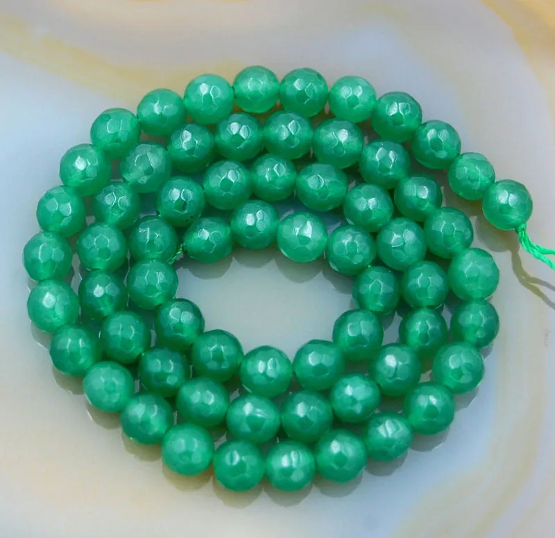 Faceted Natural Green Malay Jade Gemstone Round Loose Beads on a 15.5" Strand