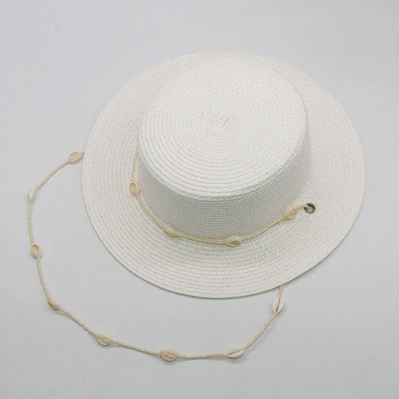 Fashion shell Chain Beach Hat, Summer Flat White Sun Hats Necklace Straps Hat