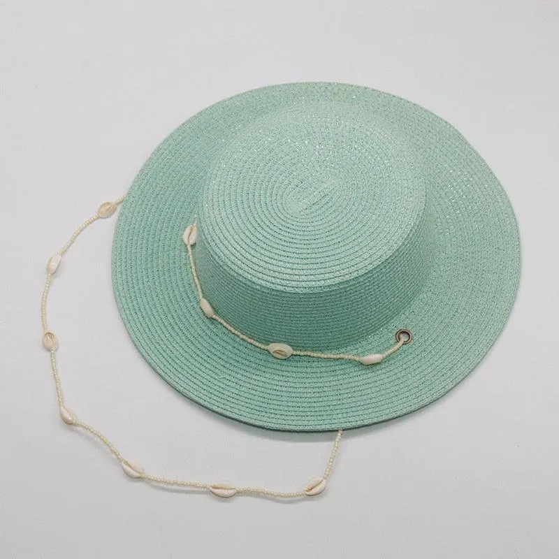 Fashion shell Chain Beach Hat, Summer Flat White Sun Hats Necklace Straps Hat