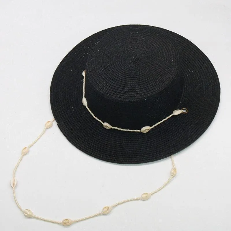 Fashion shell Chain Beach Hat, Summer Flat White Sun Hats Necklace Straps Hat