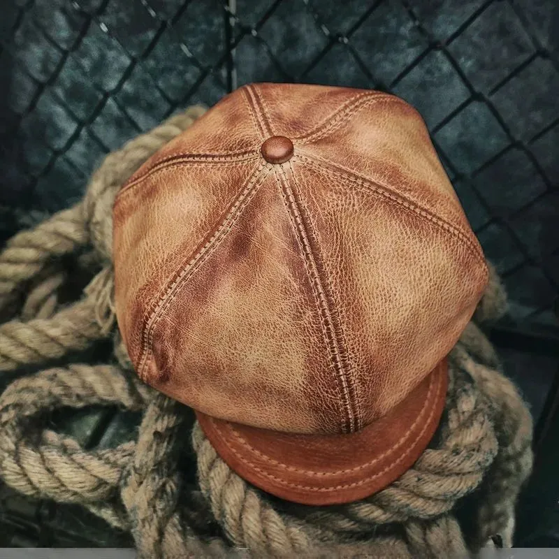 Genuine Leather Octagonal Cap - Casual Style