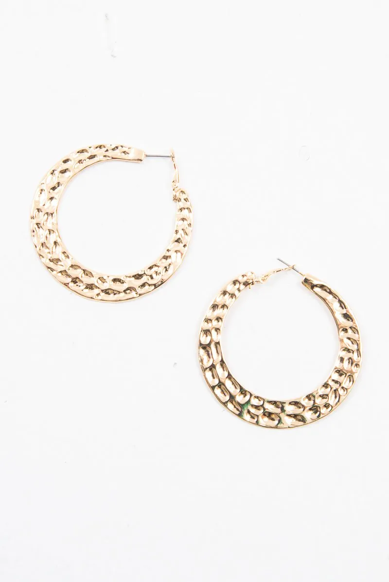 Gold Hammered Metal Flat Hoop Earrings - Cherry