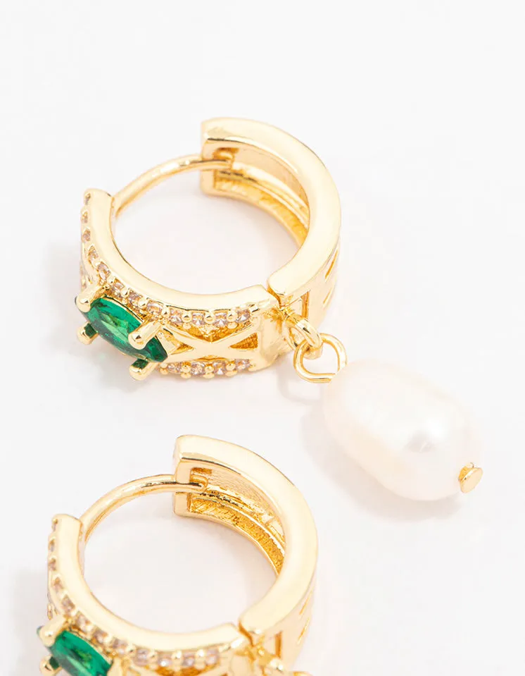 Gold Plated Cubic Zirconia Emerald Marquise & Freshwater Pearl Huggie Earrings