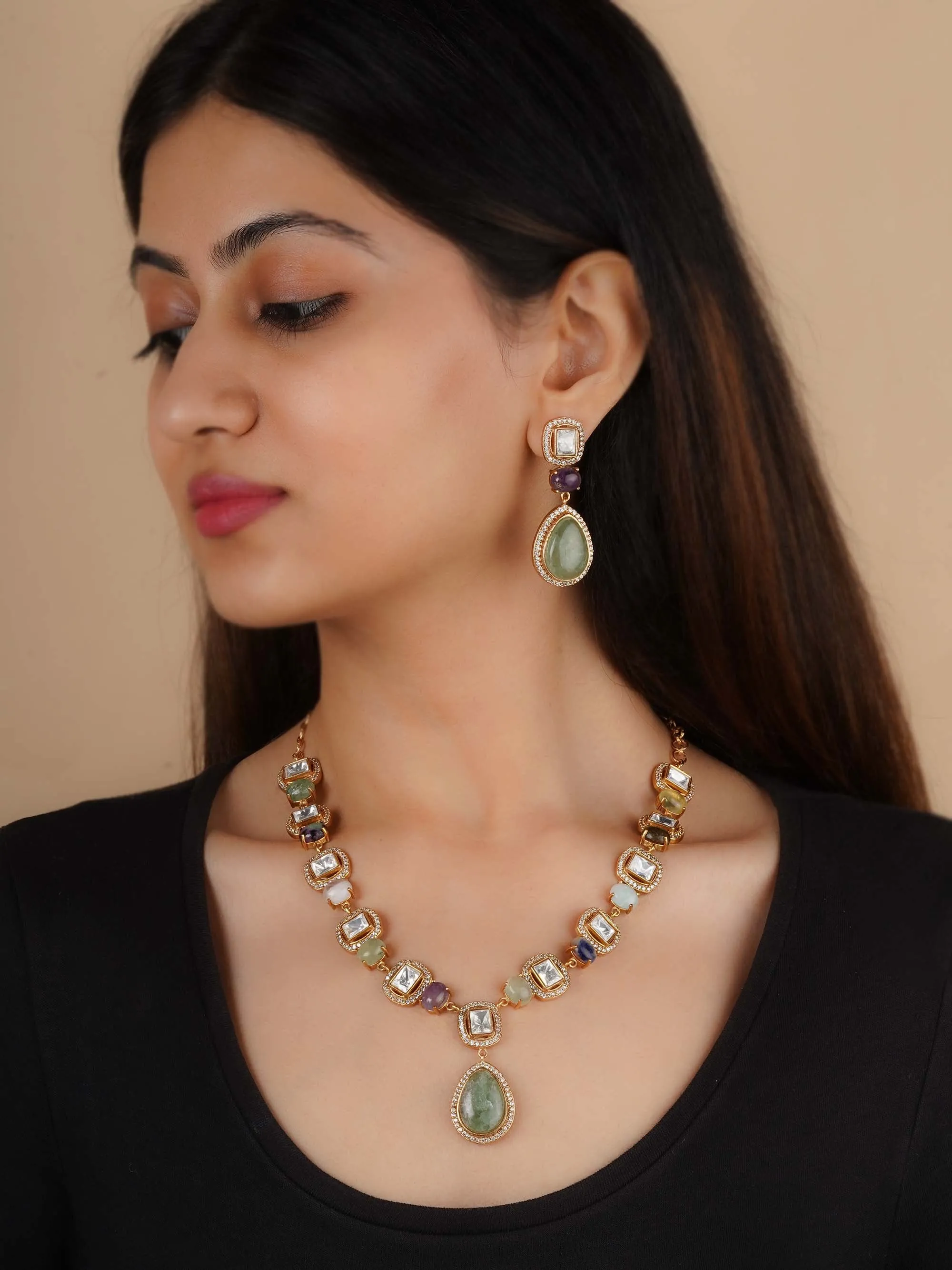 Gold Plated Faux Polki Necklace Set - PK-S212