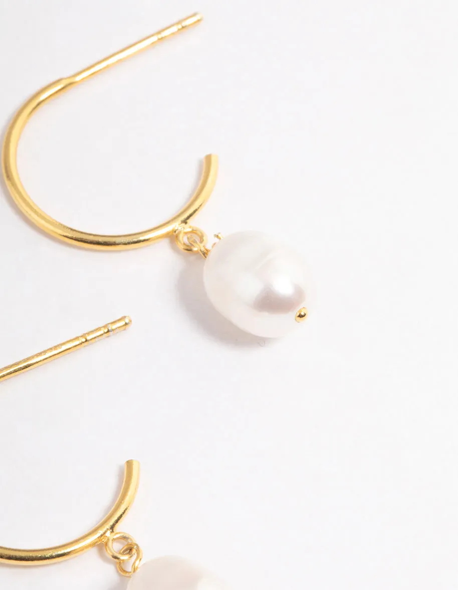 Gold Plated Sterling Silver Pearl Drop Hoop Earrings