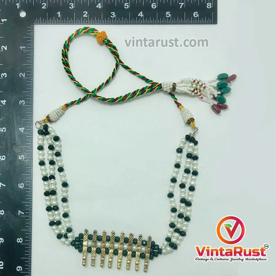 Green and White Beaded Multilayers Chains Tribal Necklace