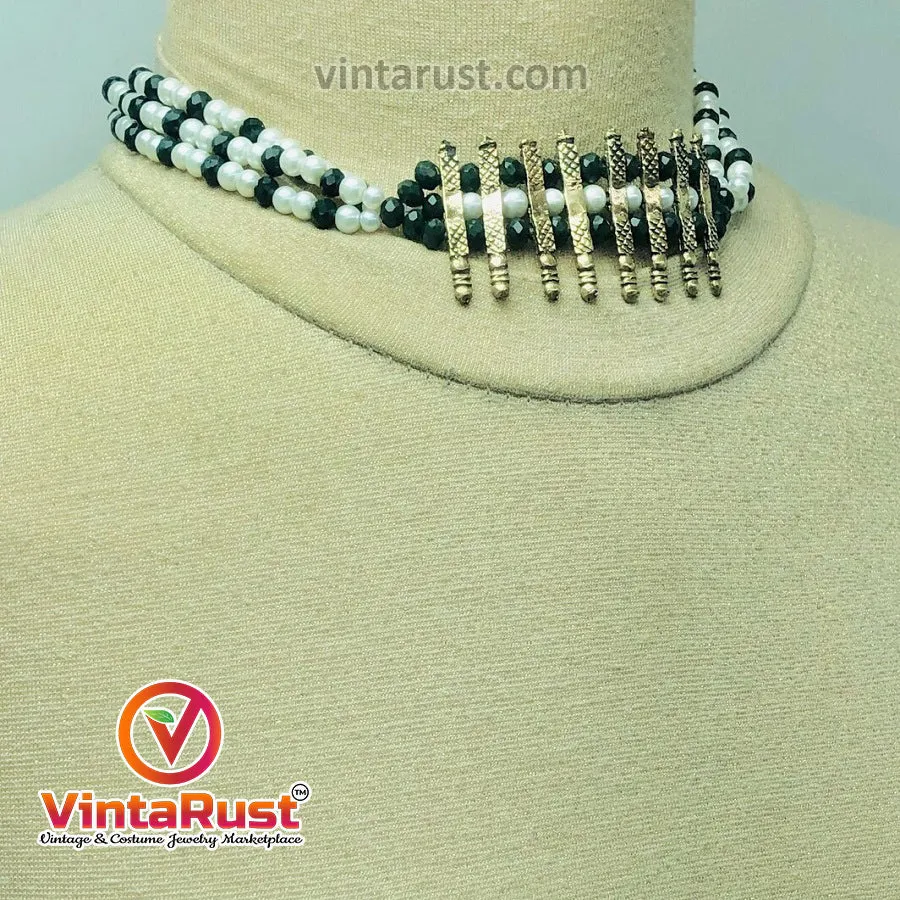 Green and White Beaded Multilayers Chains Tribal Necklace